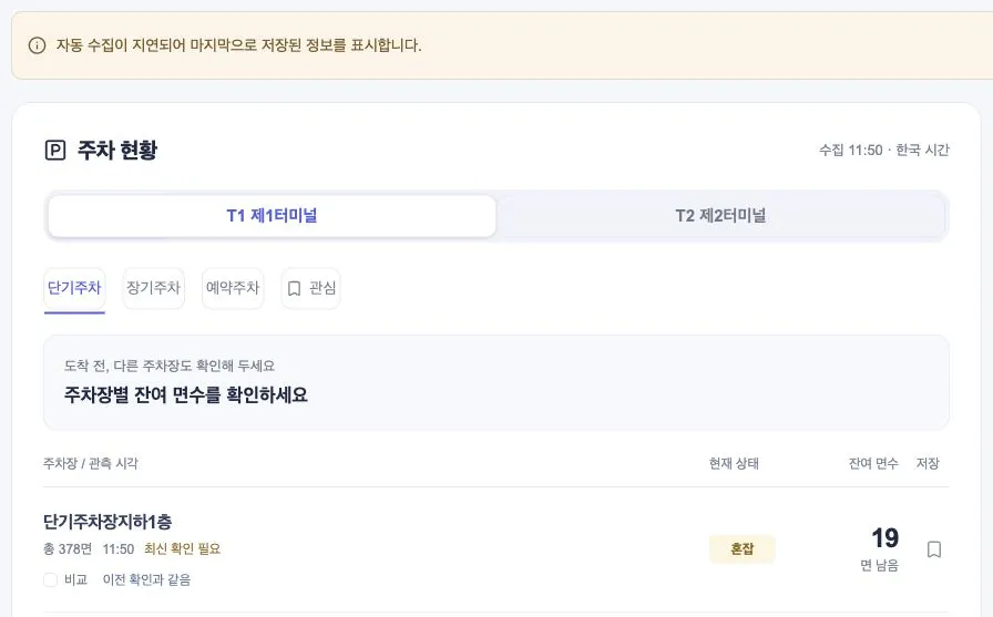 수집 지연 안내와 11시 50분 자료 시각이 표시된 주차 현황