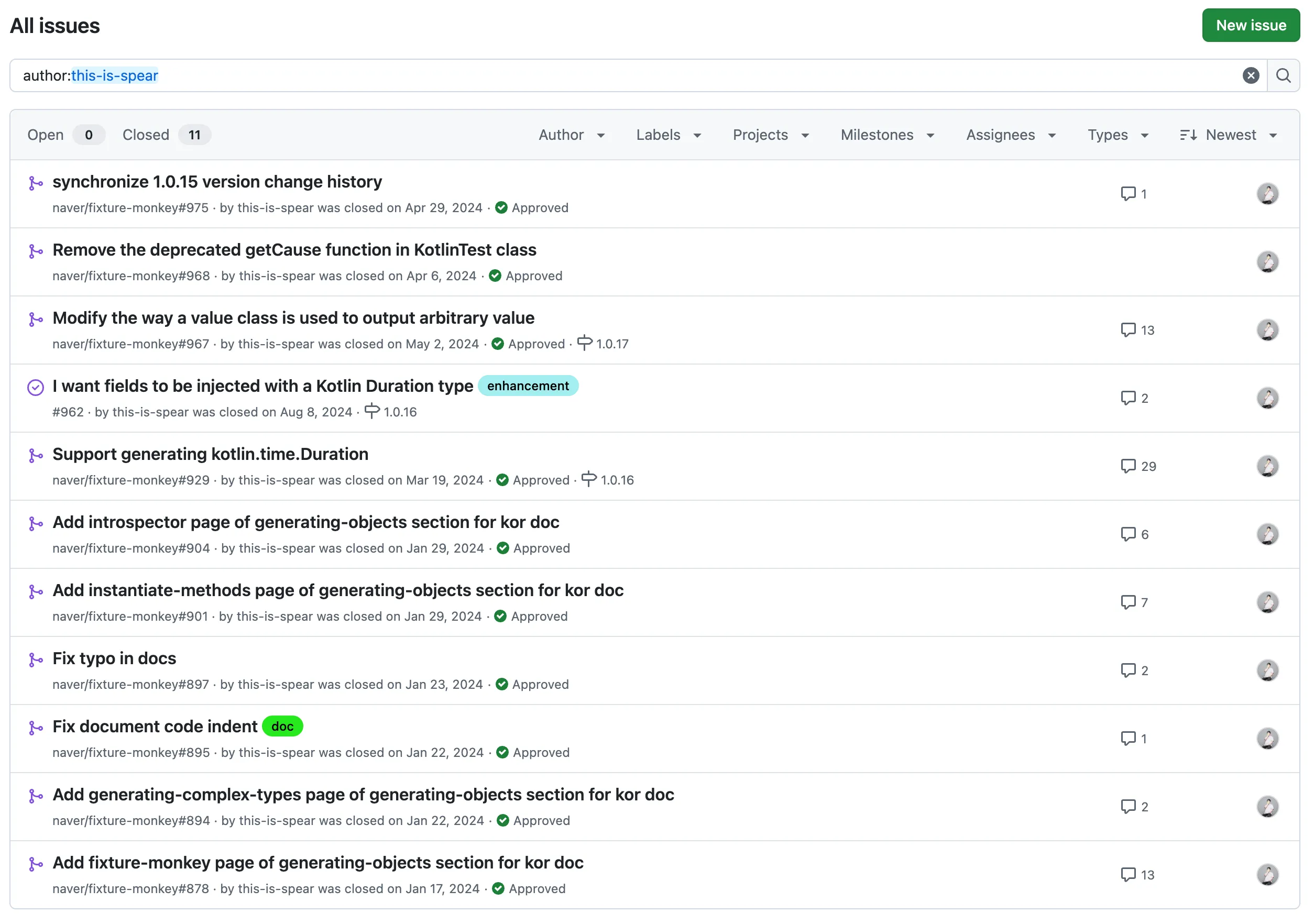 naver/fixture-monkey에서 닫힌 내 PR과 이슈 11건이 최신순으로 나열된 GitHub 화면. 위쪽은 릴리스 체인지로그 동기화, deprecated 함수 제거, value class 수정과 Kotlin Duration 타입을 요청한 이슈이고, 아래쪽은 1월에 올린 한국어 문서 페이지 추가와 오타·인덴트 수정이다. 이슈 한 건을 뺀 나머지에는 Approved 표시가 붙어 있다