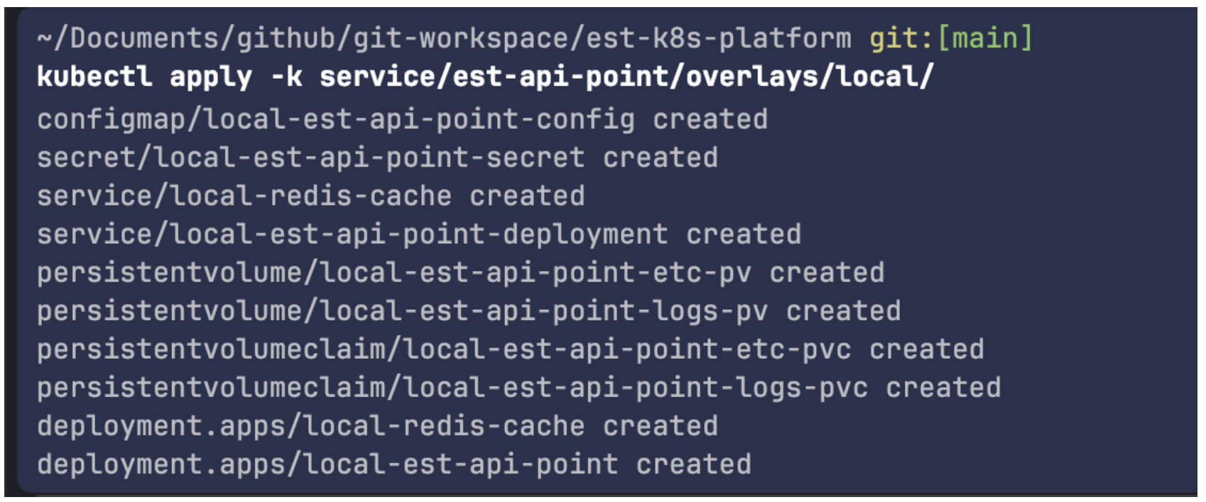kubectl apply로 로컬 오버레이를 배포해 configmap, service, deployment가 생성된 터미널 출력